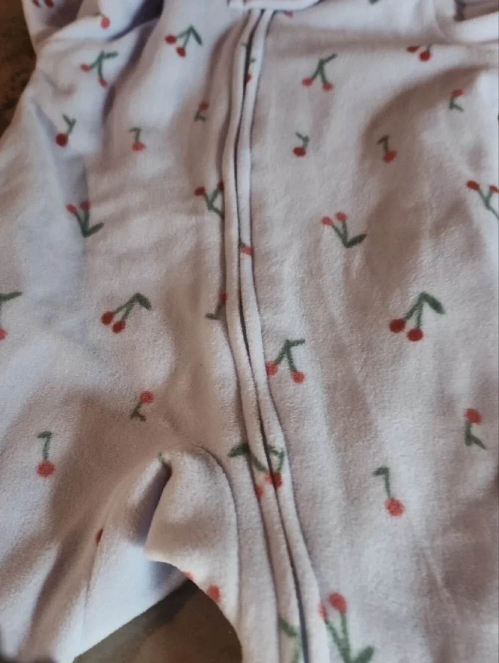 Kids One-Piece Fleece Sleepers in Light Lavender with Cherry Print And Brown